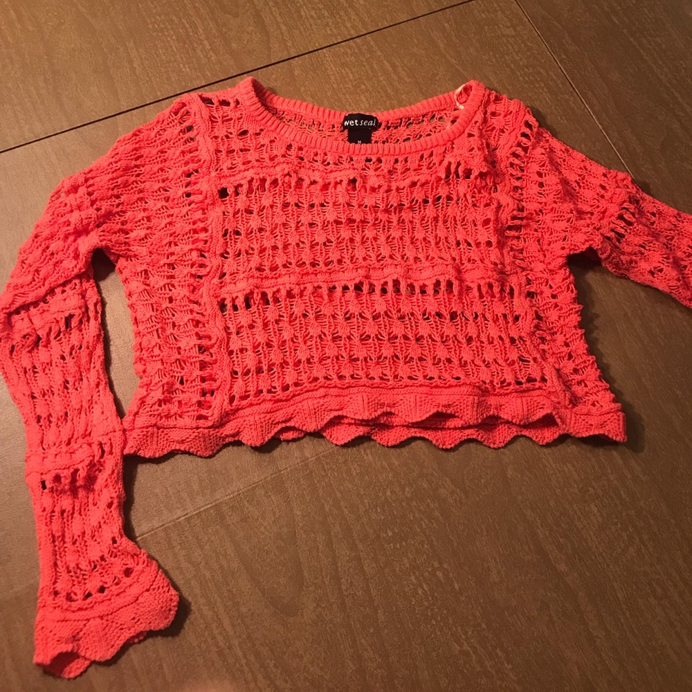 Crocheted Cropped Coral Sweater